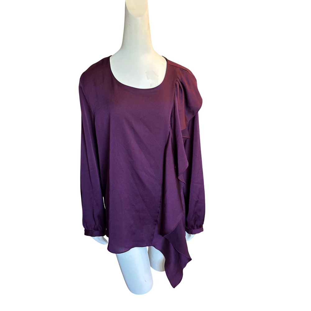 DKNY  Plum Purple Ruffle Front Asymmetrical Crepe Blouse Long Sleeve Top L